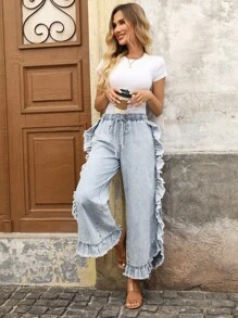 EMERY ROSE Jeans a zampa d'elefante con lavaggio effetto delavato, orlo con volant, pantaloni casual adatti per le vacanze