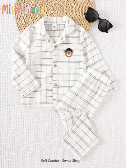 Set de 2 piezas de cardigan de algodón y lino con diseño de cuadros y bordado de oso para niños pequeños, cómodo y suave, conjunto de pijama de todas las estaciones para niños, conjunto de pijama a cuadros para niños