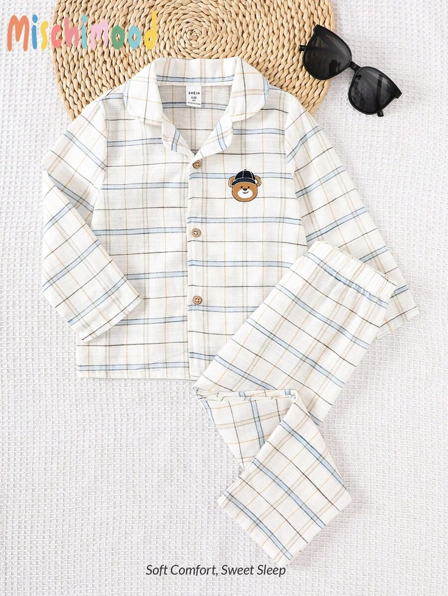 2 件套男童棉麻格子图案开衫，刺绣熊图案，舒适柔软，四季男童睡衣套装儿童睡衣套装格子睡衣套装男童睡衣套装 - 白色 - 查看 1