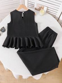 Girls Vacation Casual Ruffle Crop Top + Wide Leg Pants 2 Pieces Set - Black - View 2