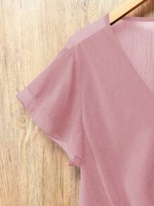 Flirla Plus Size Women Elegant Chiffon V-Neck Ruffle Short Sleeve Fashion Blouse - Pink - View 3