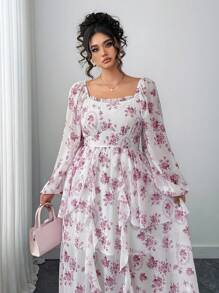 Elenzga 大码女式花卉印花方领灯笼袖荷叶边下摆优雅连衣裙 - 白色 - 查看 7