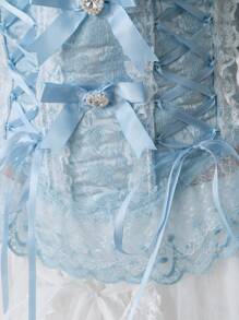 ROMWE Kawaii 女士复洛克风格浪漫珍珠蝴蝶结系带紧身胸衣上衣