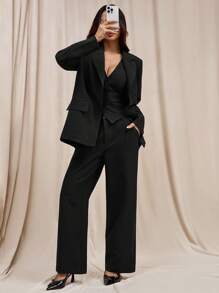 SHEIN PETITE Bộ vest ba mảnh dành cho nữ, bao gồm áo khoác vest + áo vest vest + quần vest, đi làm và thanh lịch, có thể sử dụng trong mọi mùa Thu/Đông - màu đen - Xem 6