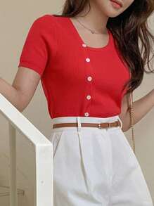 DAZY Women's Solid Color Asymmetric Neck Button Design Casual Knit Top, Short Sleeve - Red - View 8