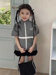 Dazy Kids 少女格子泡泡袖拉链前开襟休闲外套，返校背心 - 黑與白 - 查看 3