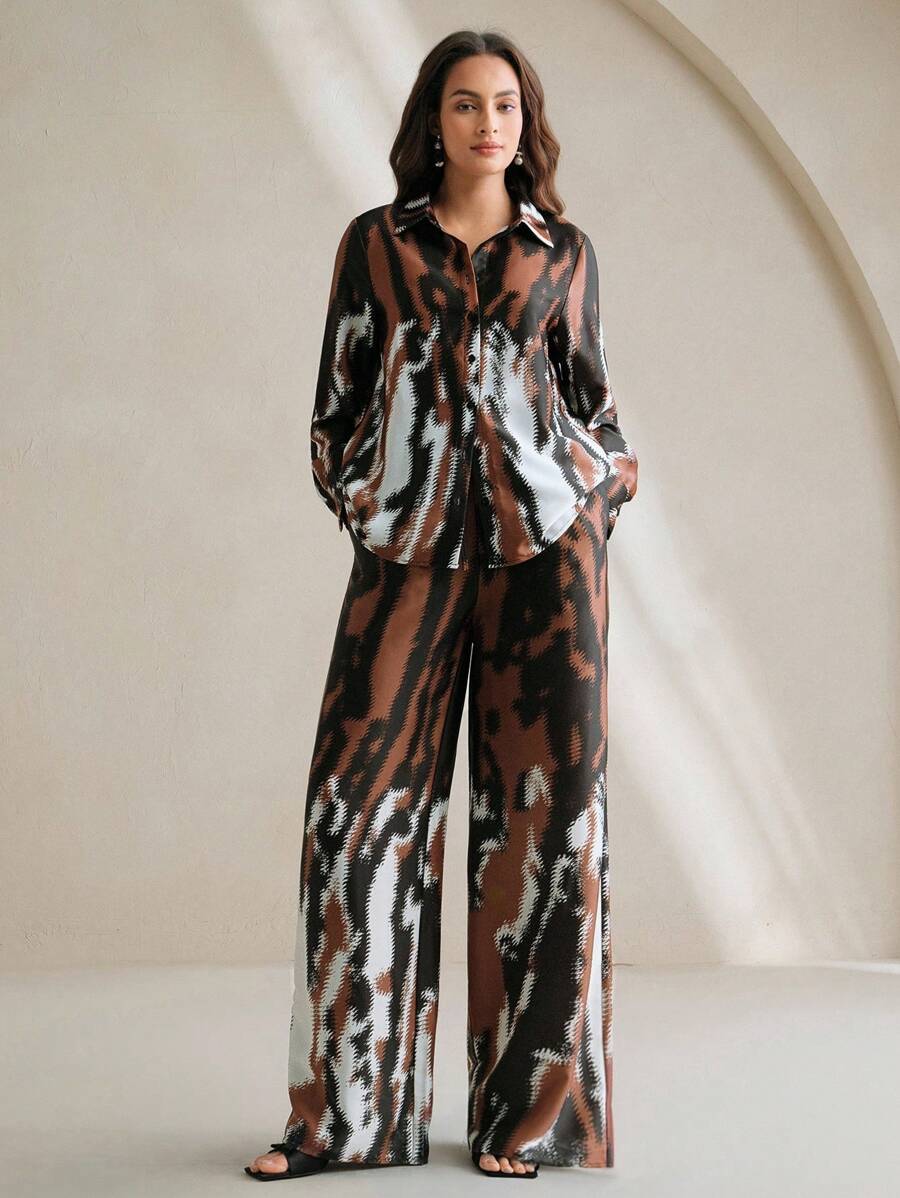 Anewsta 秋冬几何拼色条纹纹理褶皱衬衫和裤子两件套