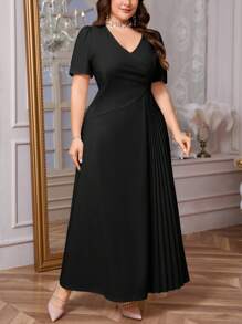 Firerie Plus Size Women's Black Autumn Elegant Formal Evening Formal Short Sleeve Ruched Stretchy Cocktail Party Graduation Flowy Dress,Comfortable Casual - Black - View 7