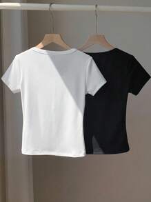 Comfortcana Women's Plus Size Solid Color Round Neck Simple Fashion T-Shirt - Black and White - View 2