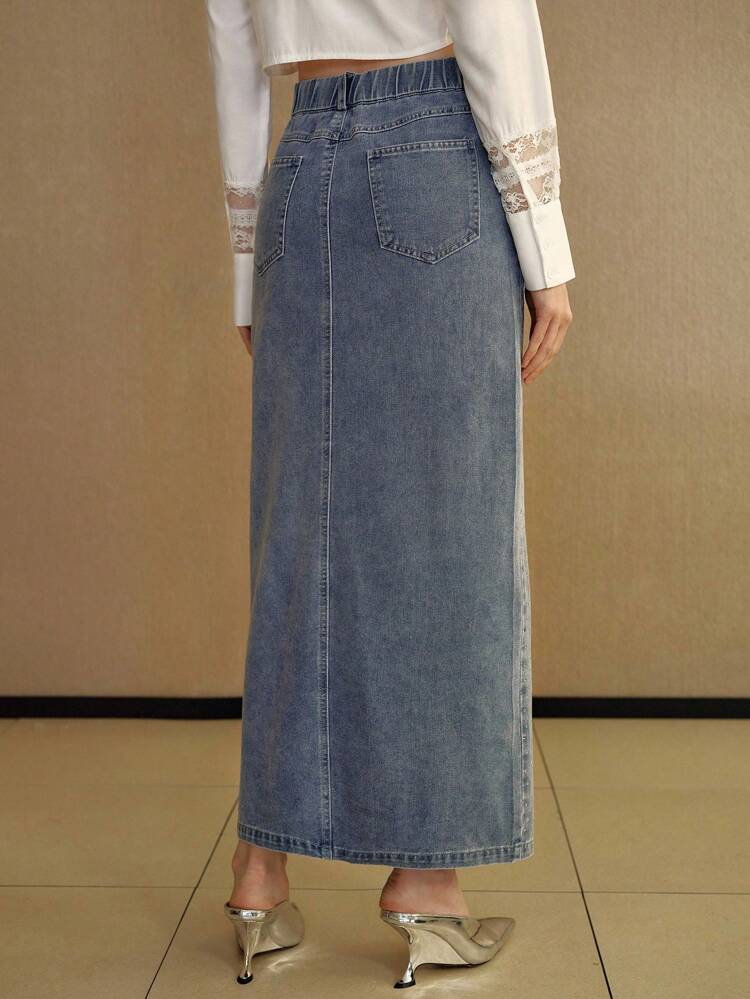 ELEGANTE FALDA RECTA DE LONGITUD MEDIA CON ABERTURA Y ADORNOS DE STRASS PARA USO DIARIO