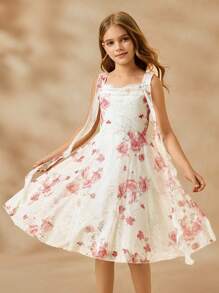 SHEIN Tween Girls' Floral Print Ruched Fancy Party Dress - Apricot - View 8