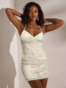 Opulessa 1 件女式纯色纹理露背系带衬衫 - 杏色 - 查看 5