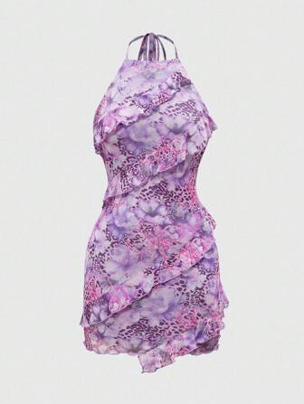 ROMWE Avant Y2K Retro Urlaub Strand Diva Leopard Blume Muster Kleid für Frauen