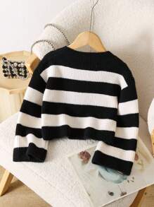 SHEIN Elladie kids 少女短款条纹套头毛衣，长袖休闲 - 黑與白 - 查看 2