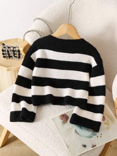 SHEIN Elladie kids Young Girl Short Striped Pullover Sweater, Long Sleeve Casual Black And White Striped Sweater For Girls Girls Striped Sweater Girls Black And White Sweater Kids Striped Knit Sweater Girls Knit Top Fall Winter