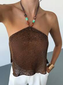 Firerie Women Elegant Fashion Vacation Beach Date Night Sexy Y2k Vacation Boho Fine Shimmer Fabric Spaghetti Strap Beaded Draped Collar Brown Backless Halter Top For Graduation Back To School Music Festival Teachers Sexy Music Festival Beach, Bohemian, Hawaiian - Mocha Brown - View 2