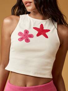 MISSGUIDED Floral Starfish Applique Ribbed Crop Tank Summer Beach Vacation Holiday Resort Tropical Tank Top Hawaiian Surf Style - White - View 6