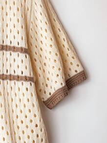 Linhara Plus Size Women Contrast Color Knit Open Front Hollow Striped Short Sleeve Casual Cardigan, Simplistic Spring/Summer