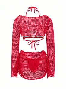 Swim SXY 女士红色网眼性感比基尼套装 4 件套，纯酒红色，沙滩泳装 - 酒紅色 - 查看 5