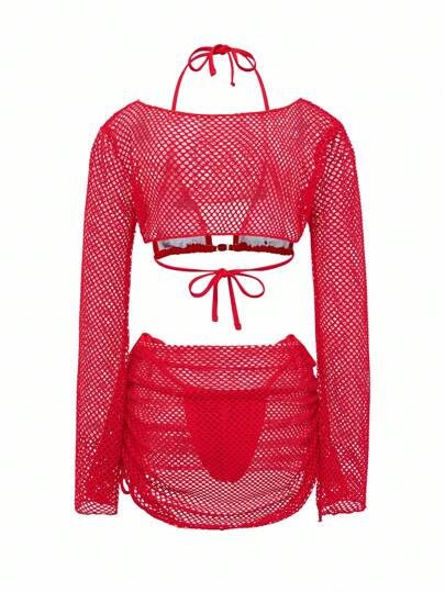 Swim SXY Ensemble de bikini sexy pour femme en maille rouge 4 pièces, avec une couleur bordeaux unie, maillot de bain de plage