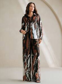 Anewsta 秋冬几何拼色条纹纹理褶皱衬衫和裤子两件套