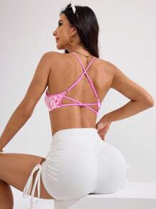Sovereign Charm Women's Seamless Full Print Elastic Criss-Cross Back Sports Bra - Pink - View 5