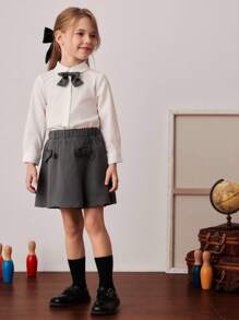 PrepCrw Conjunto de blusa de manga larga con moño y falda plisada para niñas de estilo colegial