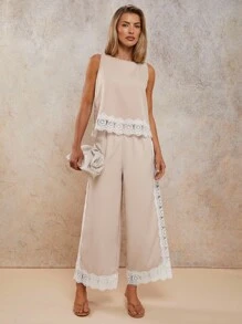 COSMINA Pantalon long pour femmes de style bohème, tenue d'été décontractée pour vacances tropicales, couleur ivoire, patchwork avec garniture en dentelle à l'ourlet - Beige - Voir 3