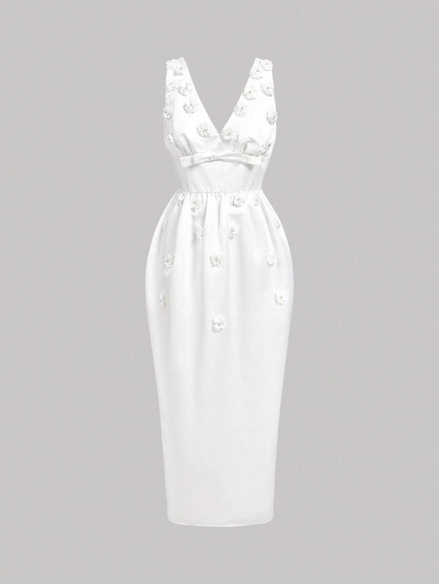 SHEIN MOD Women's White V-Neck Floral Decor Dress, Tulip Hem Long Dress