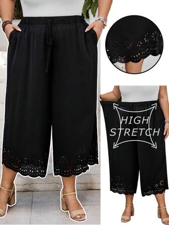 SHEIN CURVE+ 加大码宽松休闲抽绳腰裤，带印花口袋，夏季/乡村/海滩度假装/沙滩装/沙滩装