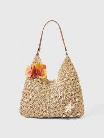 Fairycore 1 Set Floral Woven Beach Tote Bag And Accessories, Fashion Personalized Beach Vacation Style Women Shoulder Bag (Includes 1 Bag And 1 Set Of Accessories)