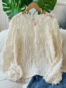 EMERY ROSE Women Loose Fit Solid Color Round Neck Fringe Long Sleeve Blouse Fall Cloth For Women - Apricot - View 3