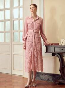 ZEYLAH Women's Elegant Solid Color Lace Splice Midi Dress Fall Cloth For Women - Pink - View 3