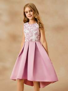 SHEIN Tween Girls Contrast Lace Sleeveless Elegant Ball Gown Dress, Pink Elegant Dress Girls