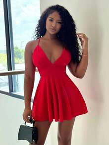 Alexandranx Women's Summer Solid Color Sexy Deep V-Neck Spaghetti Strap A-Line Dress,Ladies Sexy Backless,Zipper Sleeveless Spaghetti Strap Loose Short Red Plain Cami Women Short Dresses,Spring/Summer,Party/Nightclub Outfits For New Year Clothes Mini Short Women Outfit - Red - View 5