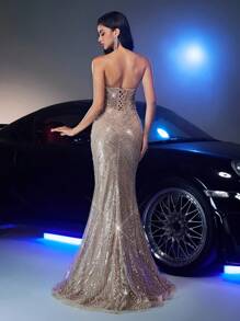 Glamrae Váy vải đính hạt màu sâm panh thanh lịch và sang trọng, có cổ trái tim, tay nghề thủ công đặc biệt ở ngực, thân áo xương cá có họa tiết, eo thắt có thể điều chỉnh, chân váy đuôi cá, phù hợp cho những dịp trang trọng - Rượu sâm banh - Xem 3