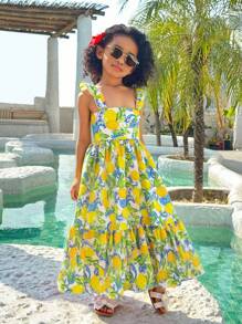 SHEIN 年轻女孩柠檬印花荷叶边袖长裙，暑假，妈妈和女儿及姐妹搭配风格，适合家庭度假，假期，海滩度假， - 彩色 - 查看 5