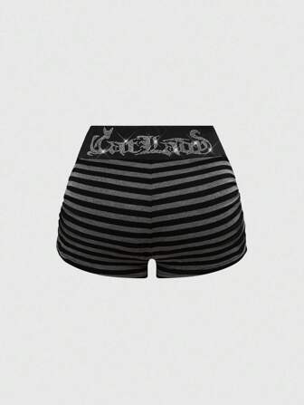 J-Fashion Women's Retro Y2K ABBY Hot Babe Low Waist Rhinestone Cat Print Striped Shorts