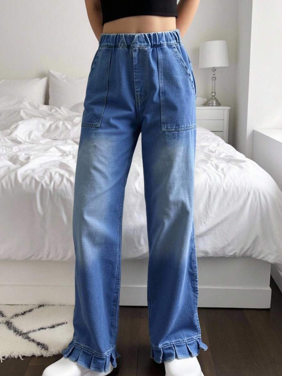 1pc Teen Girl Flare Hem Pocket Design Casual Trousers, Versatile & Cute - Light Wash - View 1