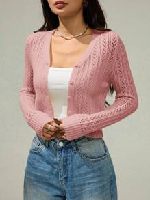 SHEIN PETITE 女士纯色简约长袖开衫、可爱毛衣、短款毛衣、针织毛衣、秋冬装、黄色女装、长袖上衣 - 粉色 - 查看 1