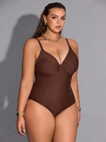 Shapewave Plus Size Women's Tummy Control Swimsuit, Padded Criss-Cross Back One-Piece Swimwear For Beach Vacation