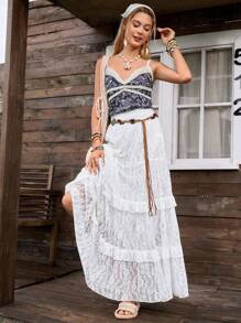 LanaWest Women's Casual Layered Lace Trim Mesh Patchwork Skirt Fall Cloth For Women - White - View 6