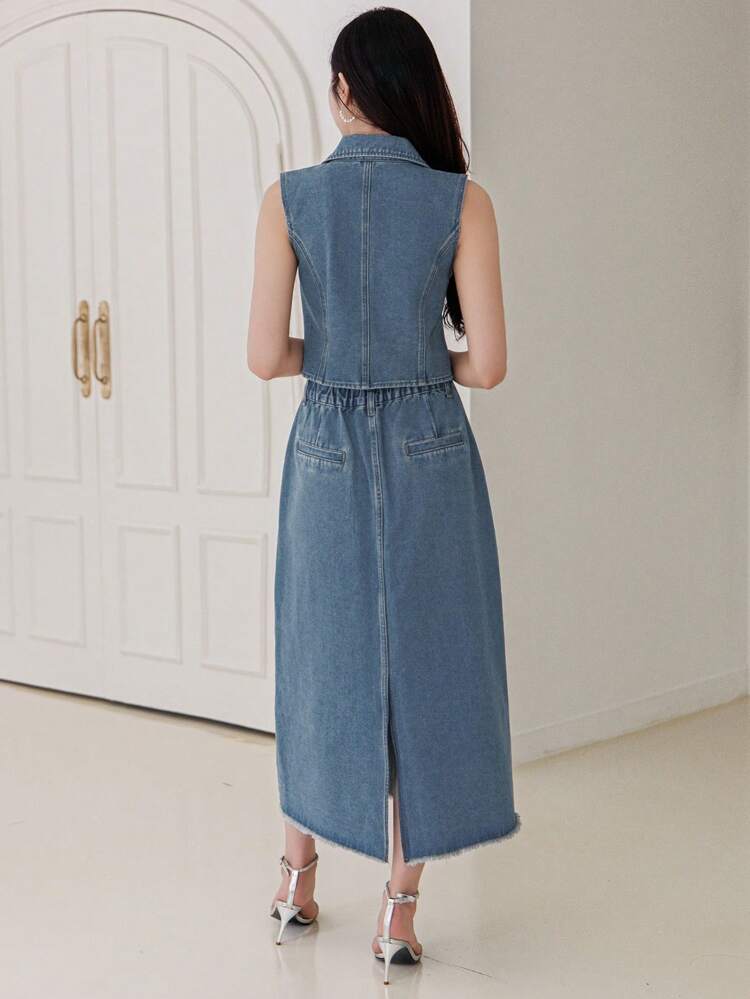 Washed Casual Style Collared Vest And Denim Skirt Set For Women