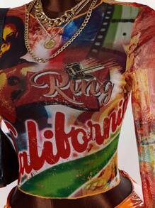 Amplova 2件套女士全印花圆领长袖上衣和纯色迷你裙 - 橘色 - 查看 9