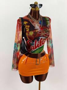 Amplova 2件套女士全印花圆领长袖上衣和纯色迷你裙 - 橘色 - 查看 11