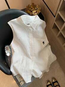 Everyssa 2 chiếc/Bộ thời trang mới thường ngày thêu họa tiết áo sơ mi không tay + quần short cho nữ - trắng - Xem 3