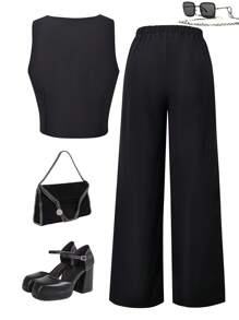 Set de 2 piezas para adolescentes: chaleco sin mangas con abertura frontal y pantalones anchos de cintura elástica, conjunto casual para uso diario en verano - Negro - Ver 2