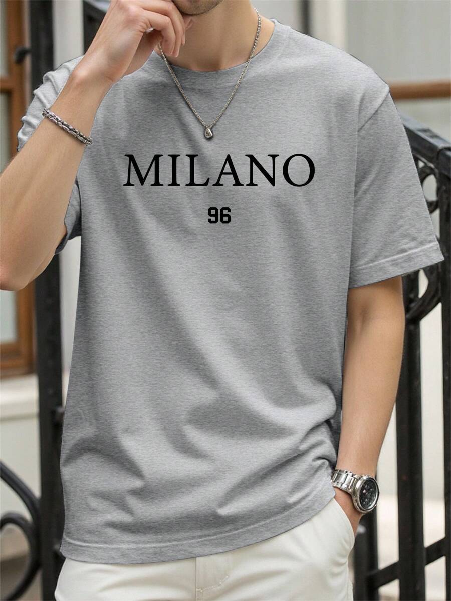 Manfinity Homme Camiseta Masculina De Manga Curta Com Estilo Esportivo E Casual De Verão Com Letras Impressas E Caimento Amplo - Cinza Claro - Visão 1