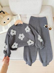 LMoss Kids 2pcs White Crochet Floral Pattern Sweater Top And Pants Knit Set For Young Girl, Warm And Comfortable Fall Clothes,Great For Casual & Daily Wear & School Daily In Autumn & Winter, For Christmas, Girls Winter Clothes,Christmas Clothes, Party Wear, Daily Wear School Daily, Birthday Clothes, Princess Clothes,Mom And Daughter & Sisters Matching,