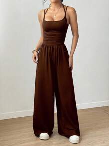 SHEIN Unity Spring & Summer Casual Pleated Wide Leg Jumpsuit, Loose Fit